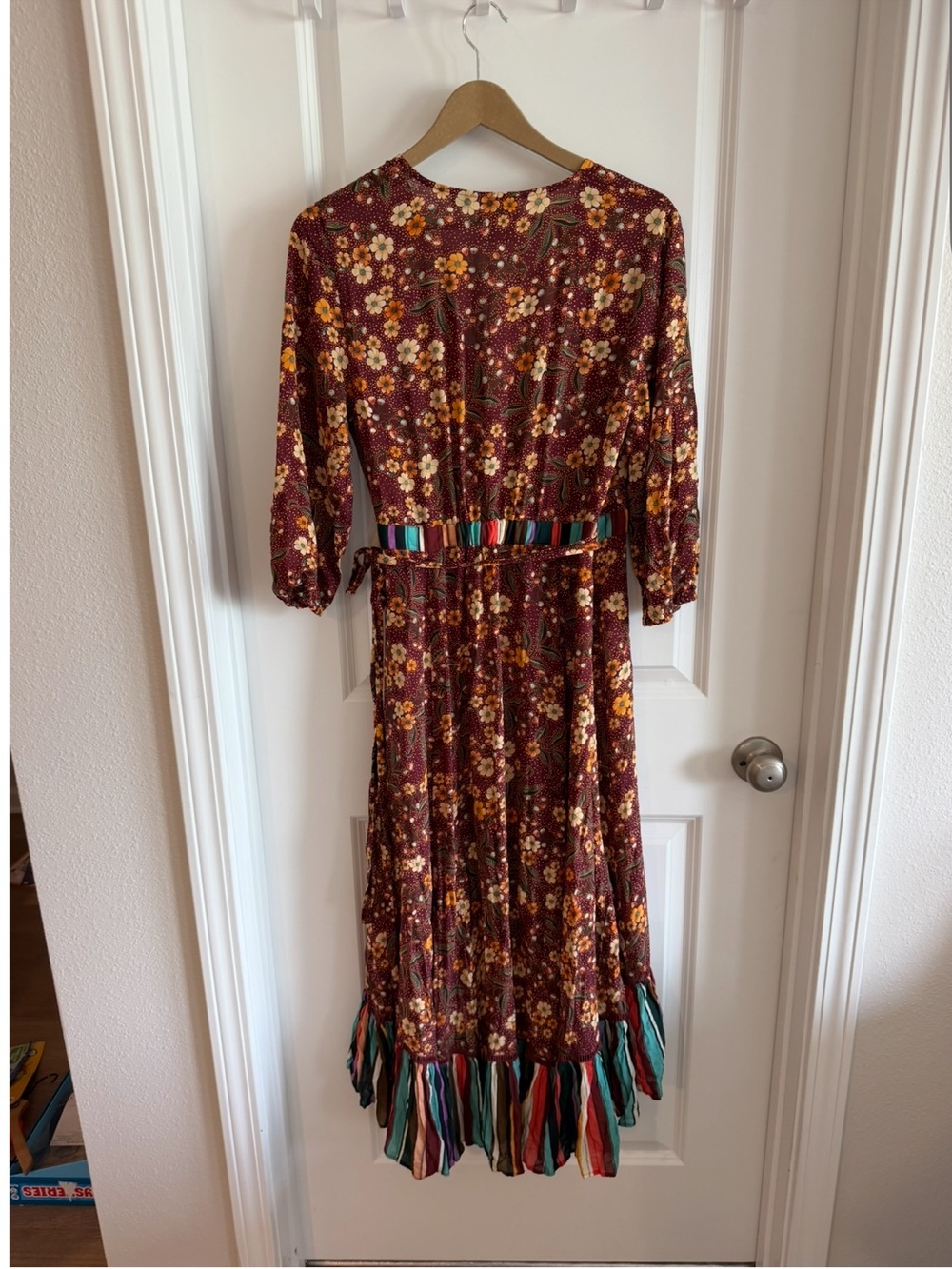 FARM Rio Burgundy Floral Maxi Wrap Dress with Multicolor Striped Trim - Picture 9 of 16